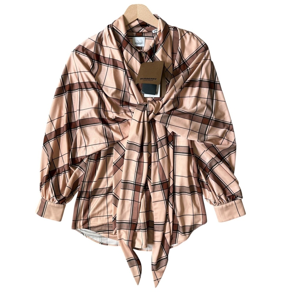 NWT Burberry Blush Pink Check Drape Sleeve Shirt Size 0 US - Picture 5 of 13